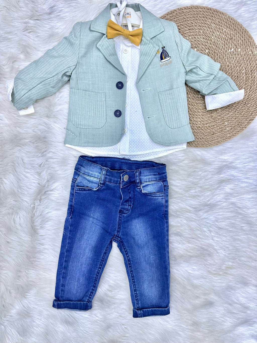 Ensemble "Petit Capitaine" – Vert Menthe, Blanc & Denim