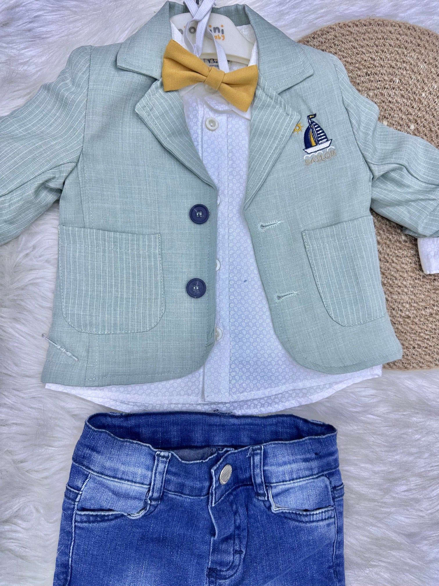Ensemble "Petit Capitaine" – Vert Menthe, Blanc & Denim