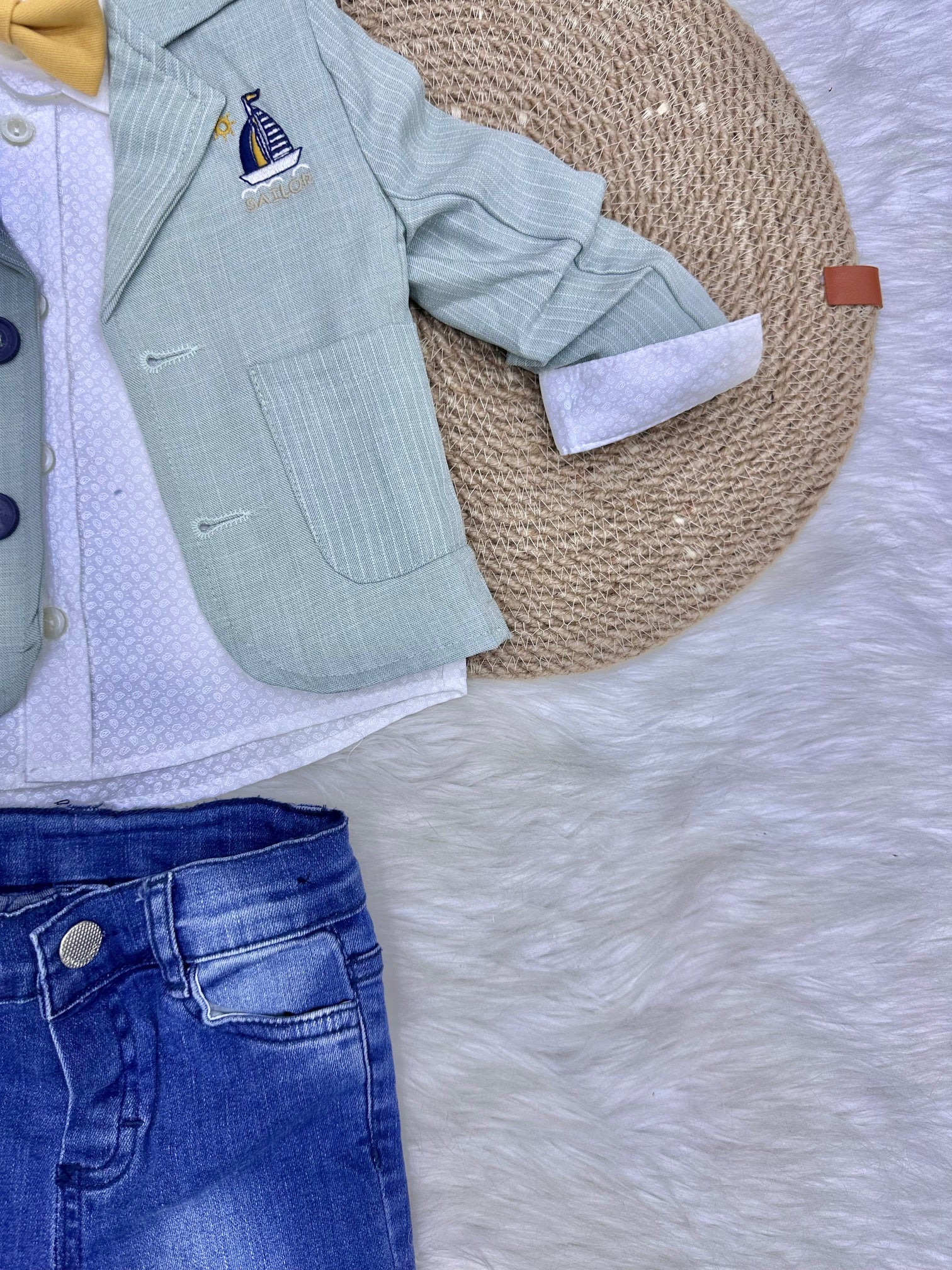 Ensemble "Petit Capitaine" – Vert Menthe, Blanc & Denim