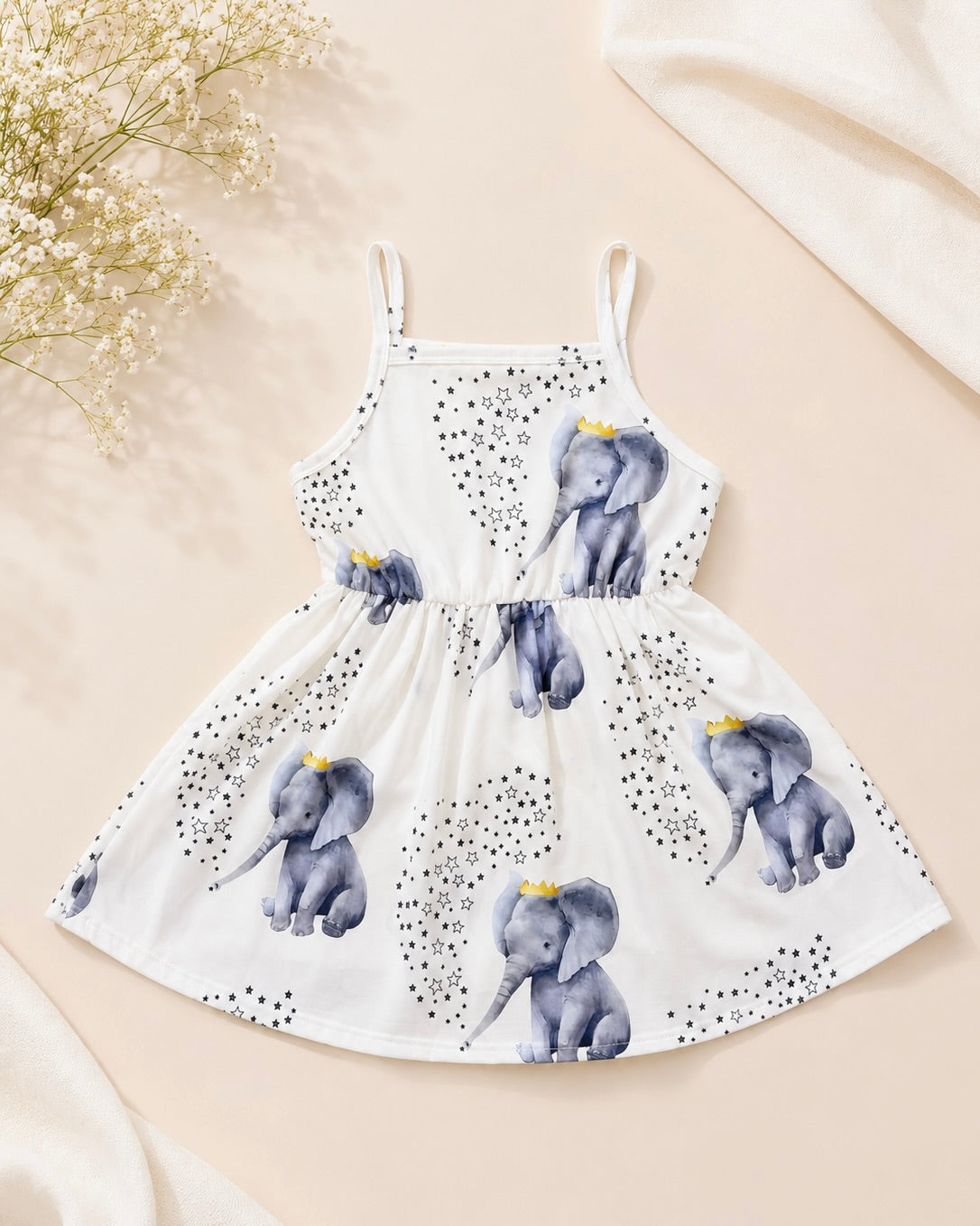 🐘 Robe "Petit Éléphant Couronné" – Douceur et Féerie Estivale