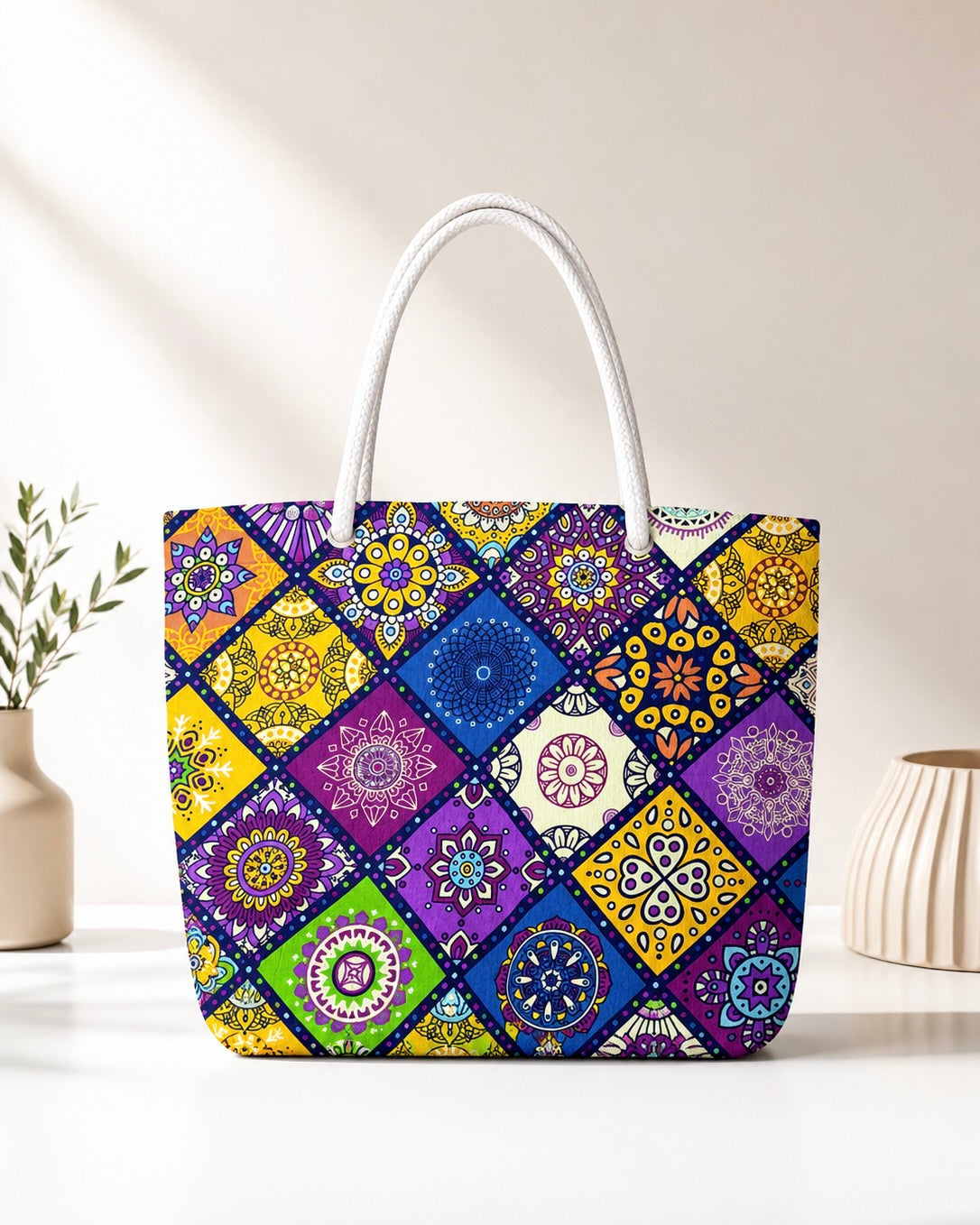 Sac de Plage Cabas "Boho Mandala" – Patchwork Multicolore &amp; Anses Corde