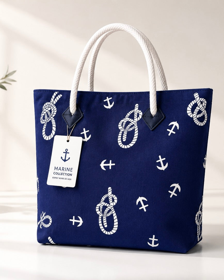 Sac de Plage Cabas "Marine Collection" – Bleu Marine &amp; Anses Cordage Blanc