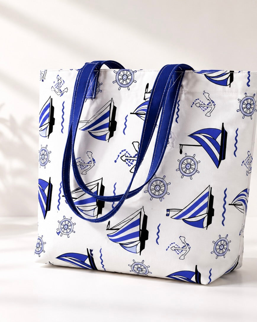 Sac de Plage Cabas "Horizon Marin" – Blanc &amp; Motifs Bleus