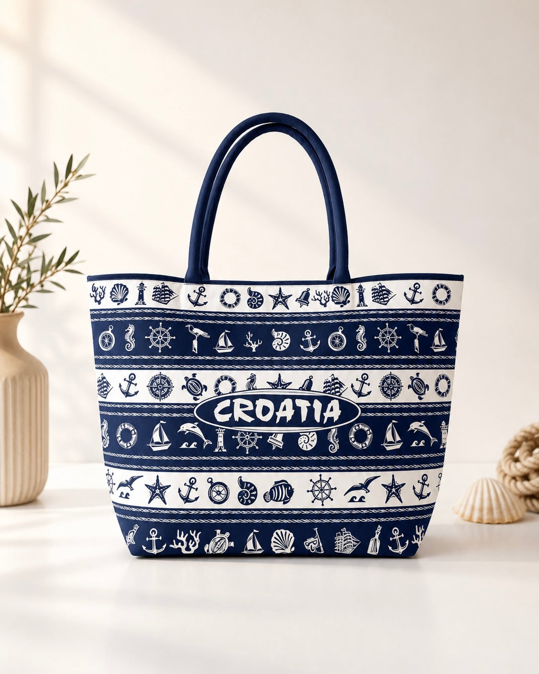 Sac de Plage Cabas "Croatia" – Style Marin Bleu Marine &amp; Blanc
