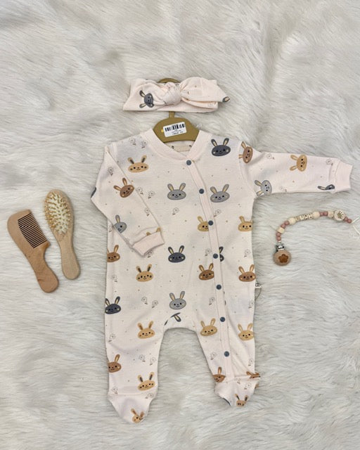 Grenouillère "Petit Lapin" & Bandeau Assorti