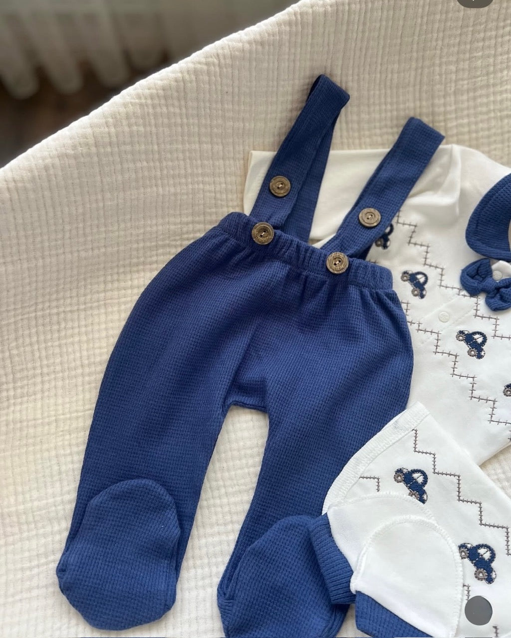 Ensemble Naissance 5 Pièces "Vintage Car" – Bleu Nuit & Blanc