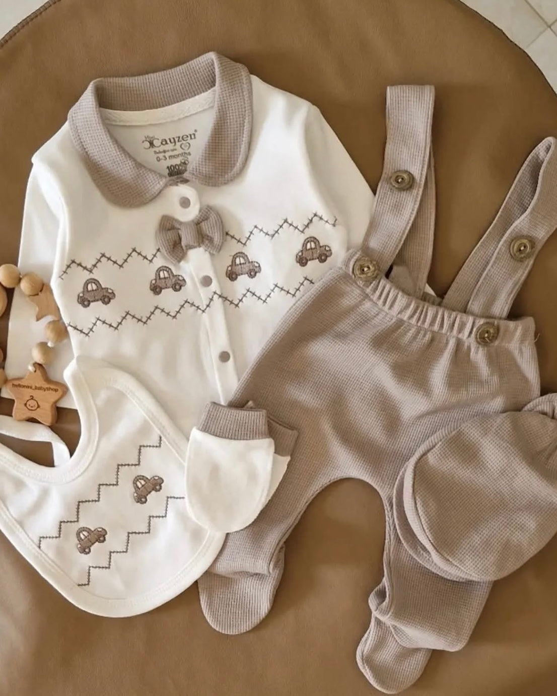 👶🤎 Ensemble Bébé Nouveau-Né 5 Pièces – Beige & Blanc 100% Coton 0-3 Mois