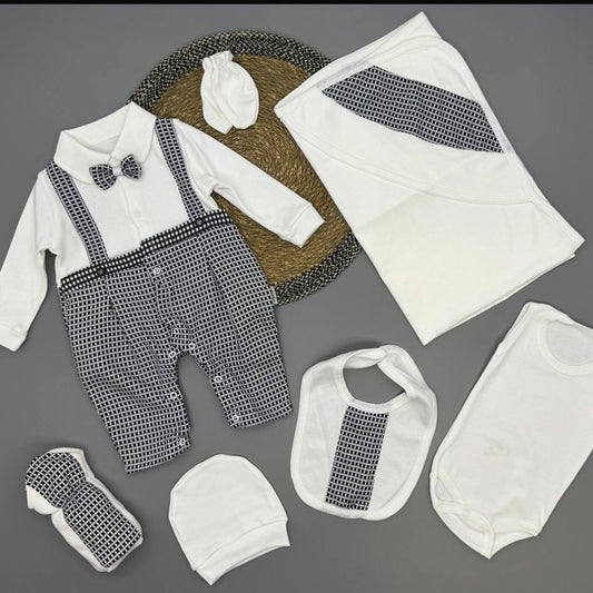 Ensemble Naissance "Gentleman Décontracté" 7 pièces - Bretelles et Nœud Papillon