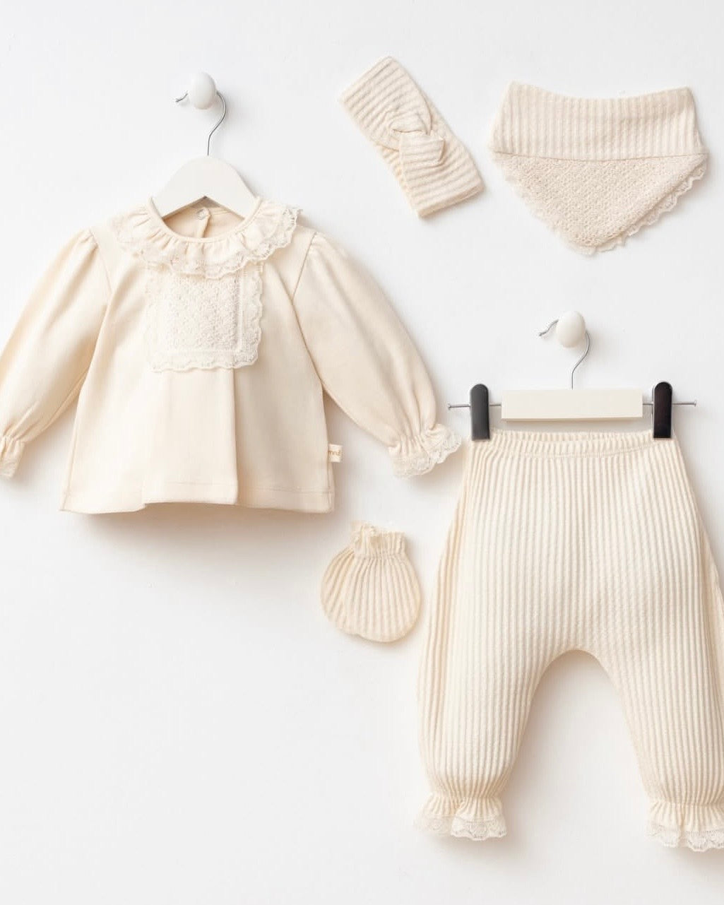 ☁️ Ensemble de Naissance 5 Pièces "Rêve de Dentelle" – Pureté & Élégance 0-3 M