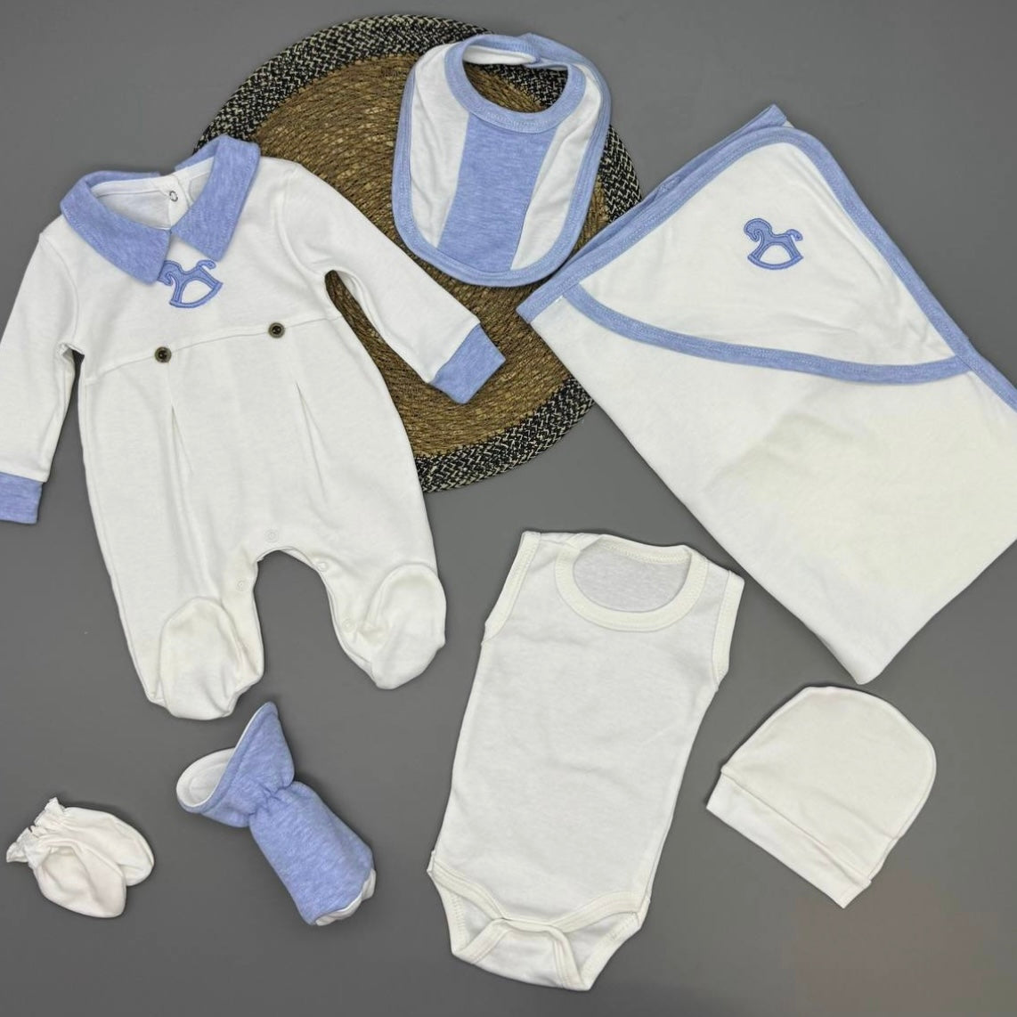 Ensemble Naissance "Petit Cavalier" 7 pièces EN Bleu