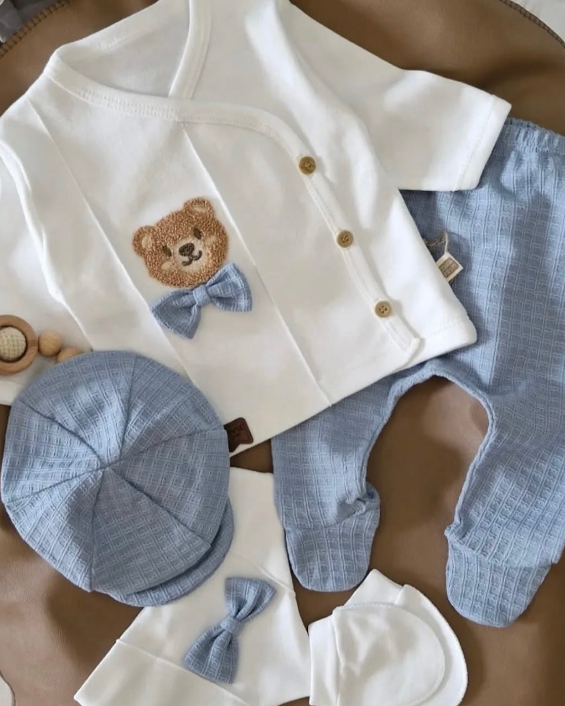 👶🤎 Ensemble Bébé Nouveau-Né 5 Pièces – Bleu& Blanc 100% Coton
