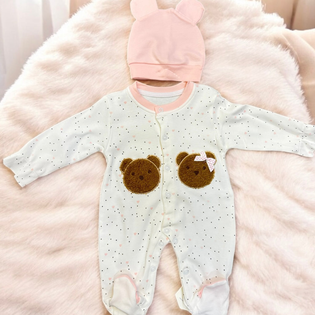 Grenouillère Bébé Oursonne Rose et Blanche