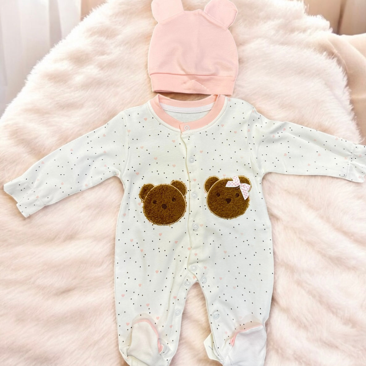 Grenouillère Bébé Oursonne Rose et Blanche