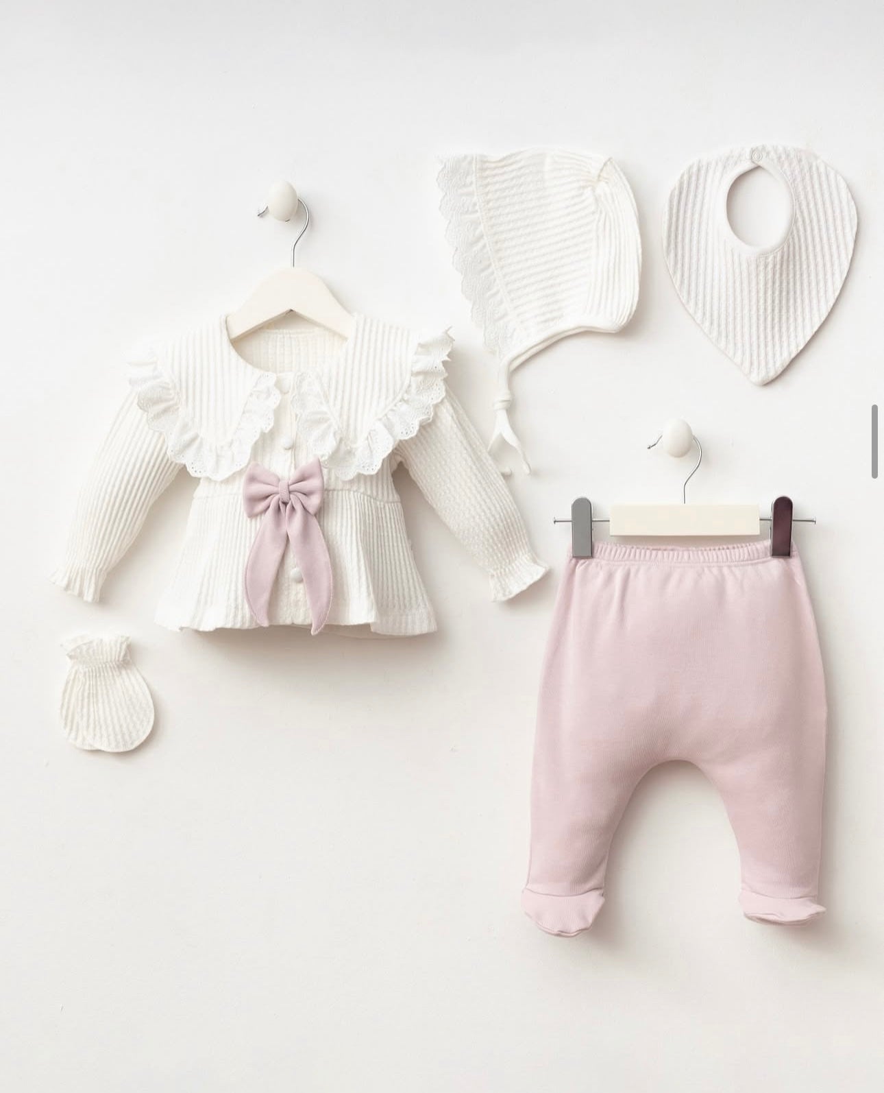 Ensemble Bébé Fille 5 Pièces - Tricot Crème & Rose Poudré 0-3 Mois
