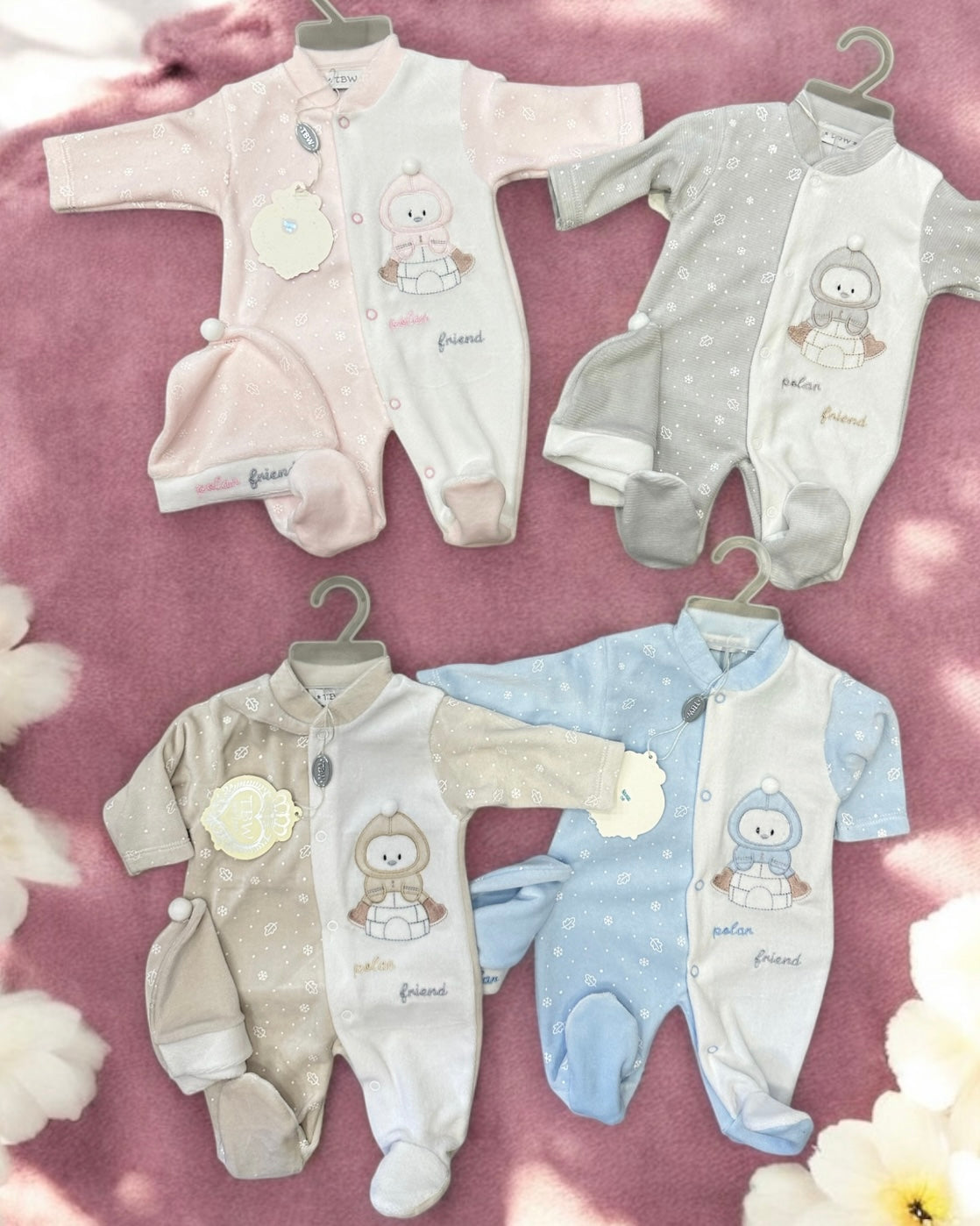 Grenouillère + Bonnet en Velours (0-3 Mois)