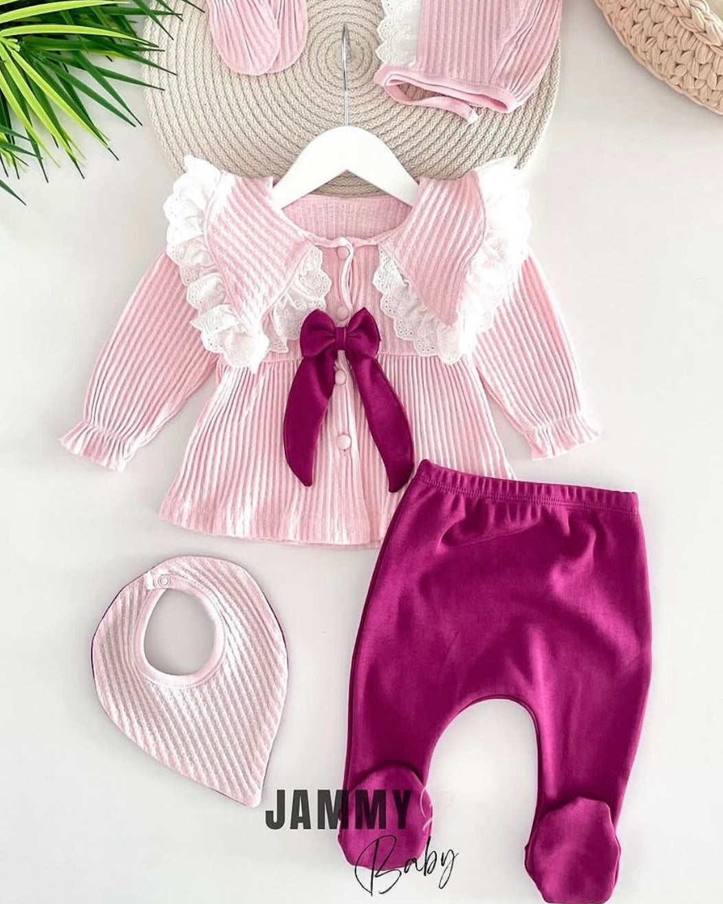 👶💖 Ensemble Nouveau-Né 5 Pièces – Confort 100% Coton Rose 0-3 Mois