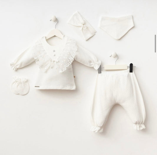 Ensemble Naissance 5 Pièces - Blanc Cassé Élégant avec Dentelle 0-3 Mois